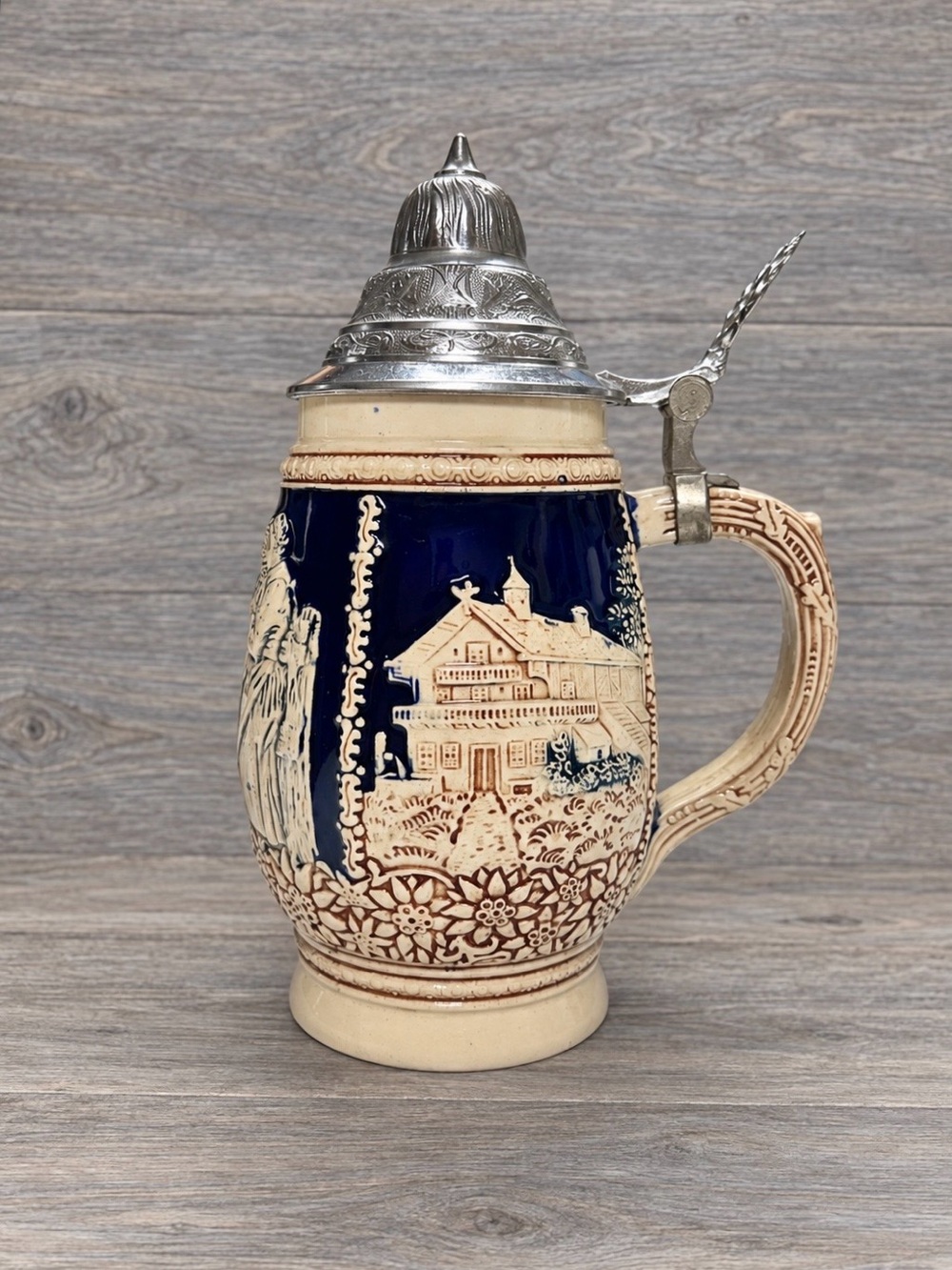 Marzi & Remy German Beer Stein Cobalt Blue Relief Pewter Lid Vintage MR